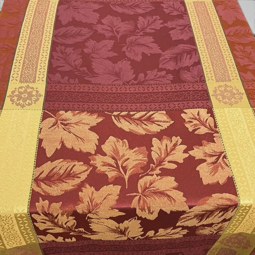Autumn Leaves Tablecloth Woven Jacquard 98x58 Oblong Gold Red Fall Harvest